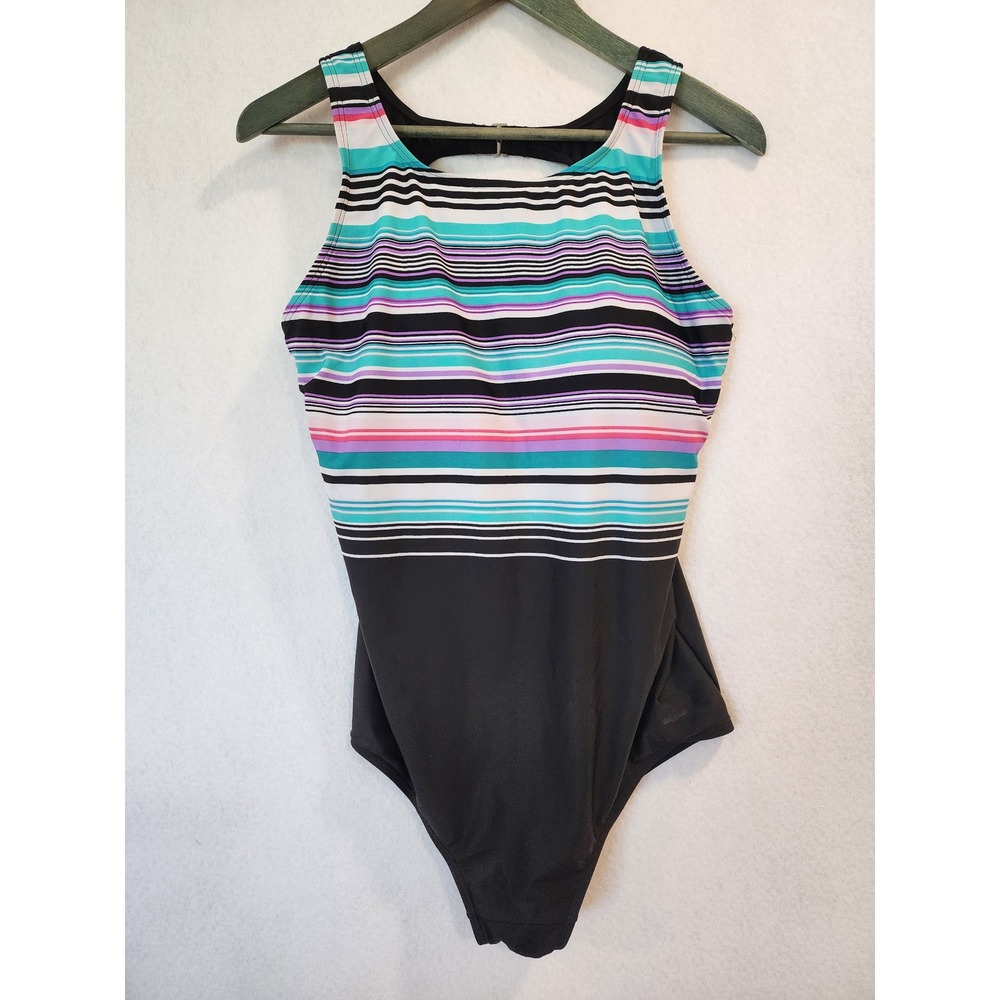Aquabelle Swimsuits For All Striped High Neck One Piece Swimsuit Black Teal 20W